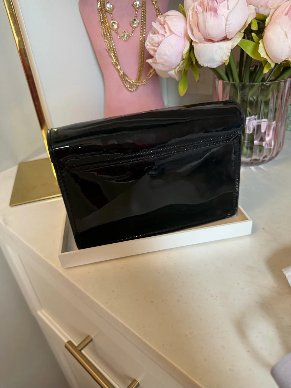 Jimmy Choo Parfums Black Patent Leather Clutch with Gold Tassel Ring Dust Bag